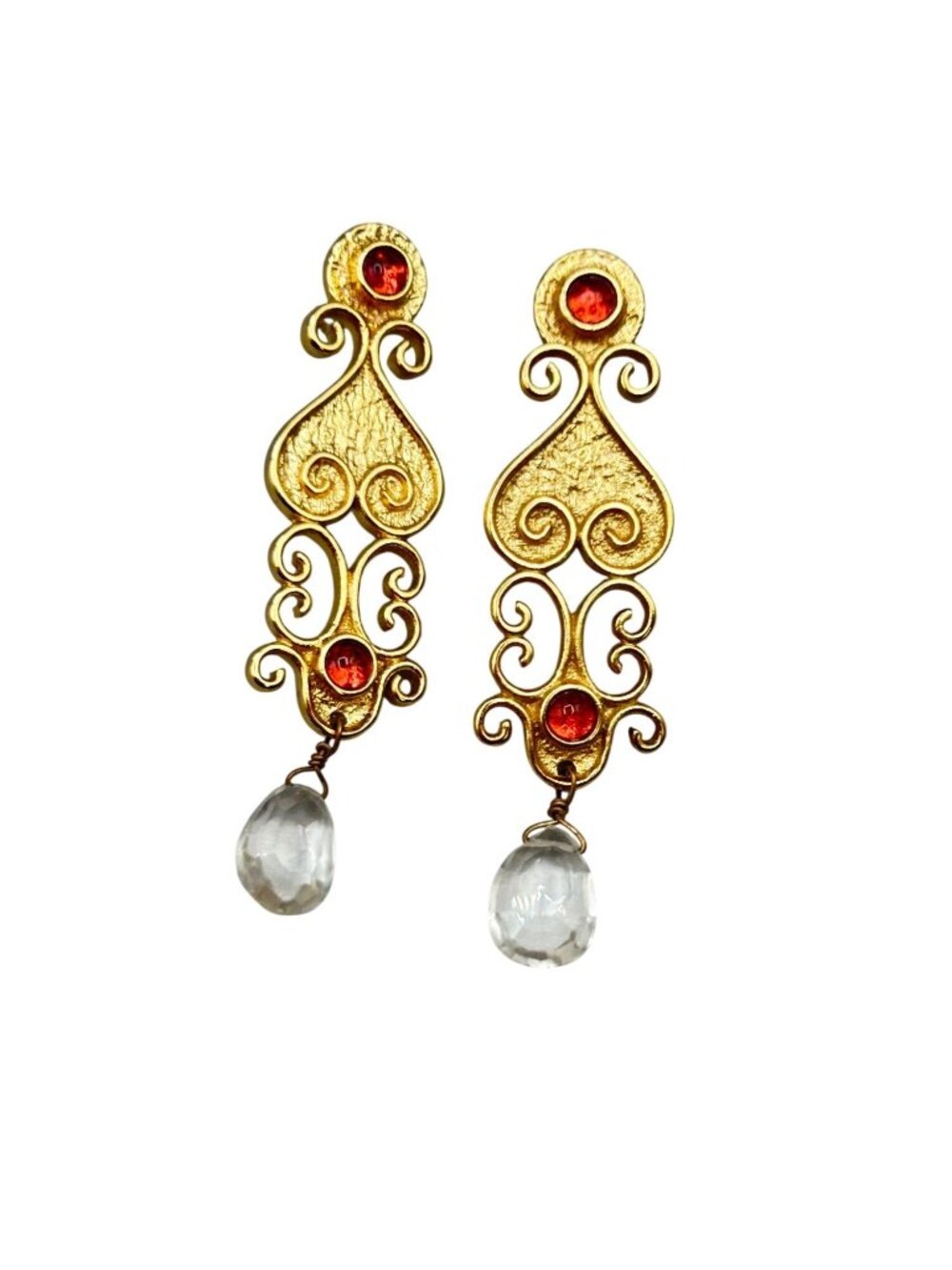 Vintage Gold Tone Earring Dangles Drops Red Clear Glass Stones Ornate Design
